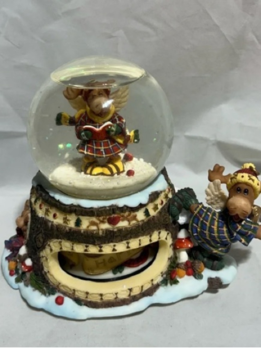 Festive Plaid Moose Holiday Snow Globe Figurine - Brown and Multi-Color